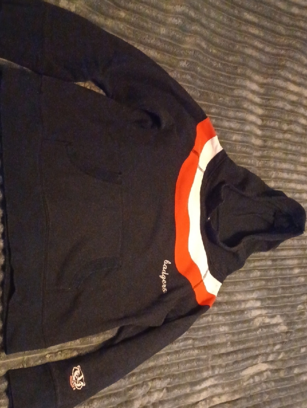 Wisconsin College Black Hoodie with Red and White Stripe